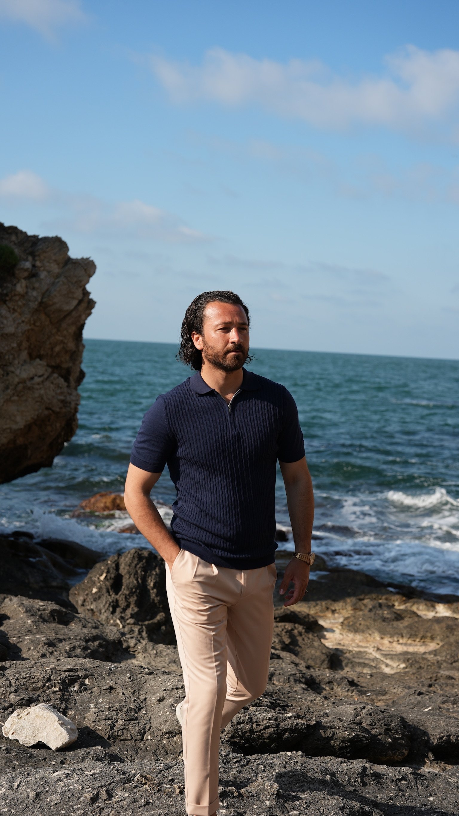 Slim Fit  Spor Polo Yaka Fermuarlı  Erkek Tişört - Mavi