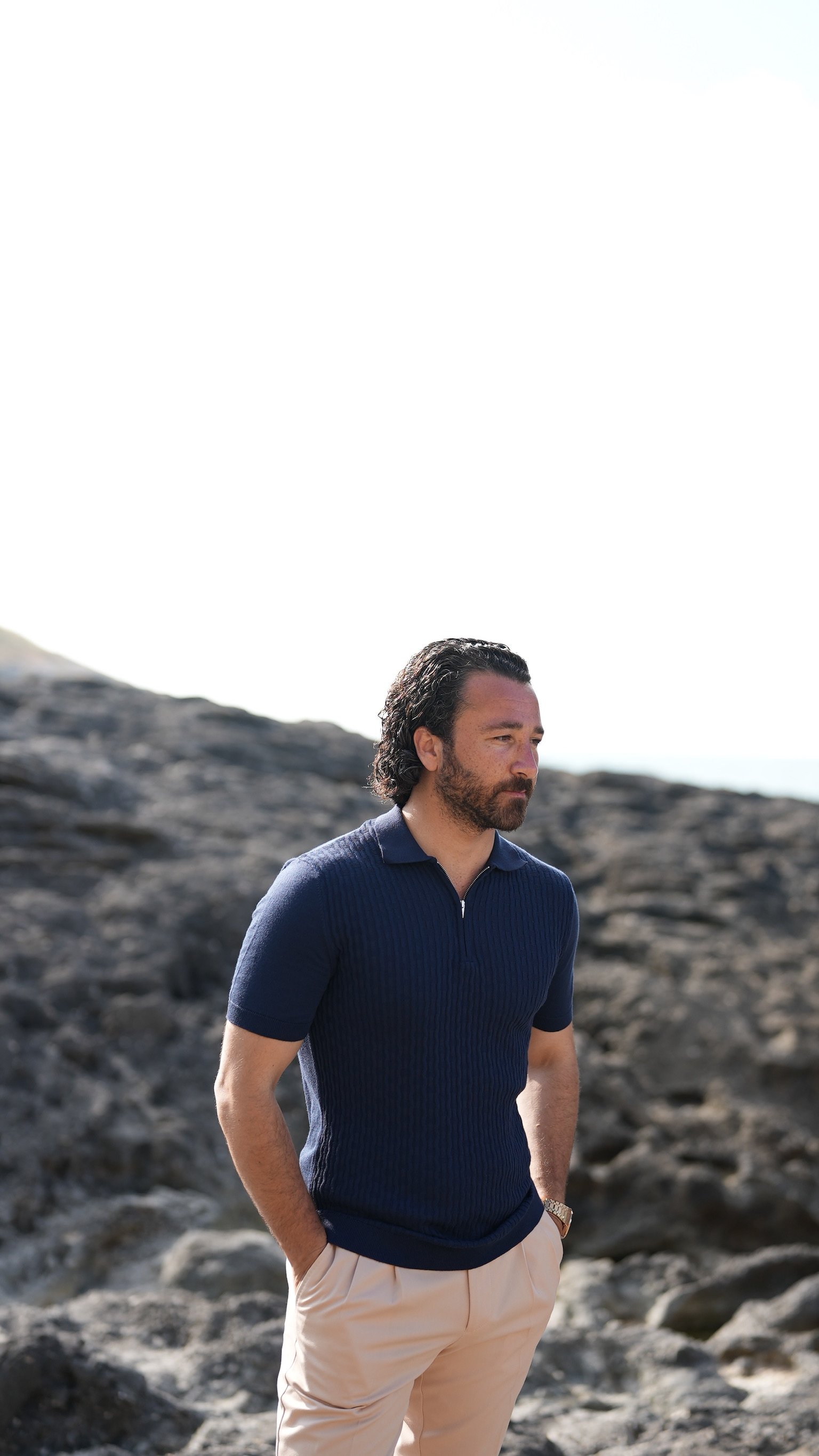 Slim Fit  Spor Polo Yaka Fermuarlı  Erkek Tişört - Mavi
