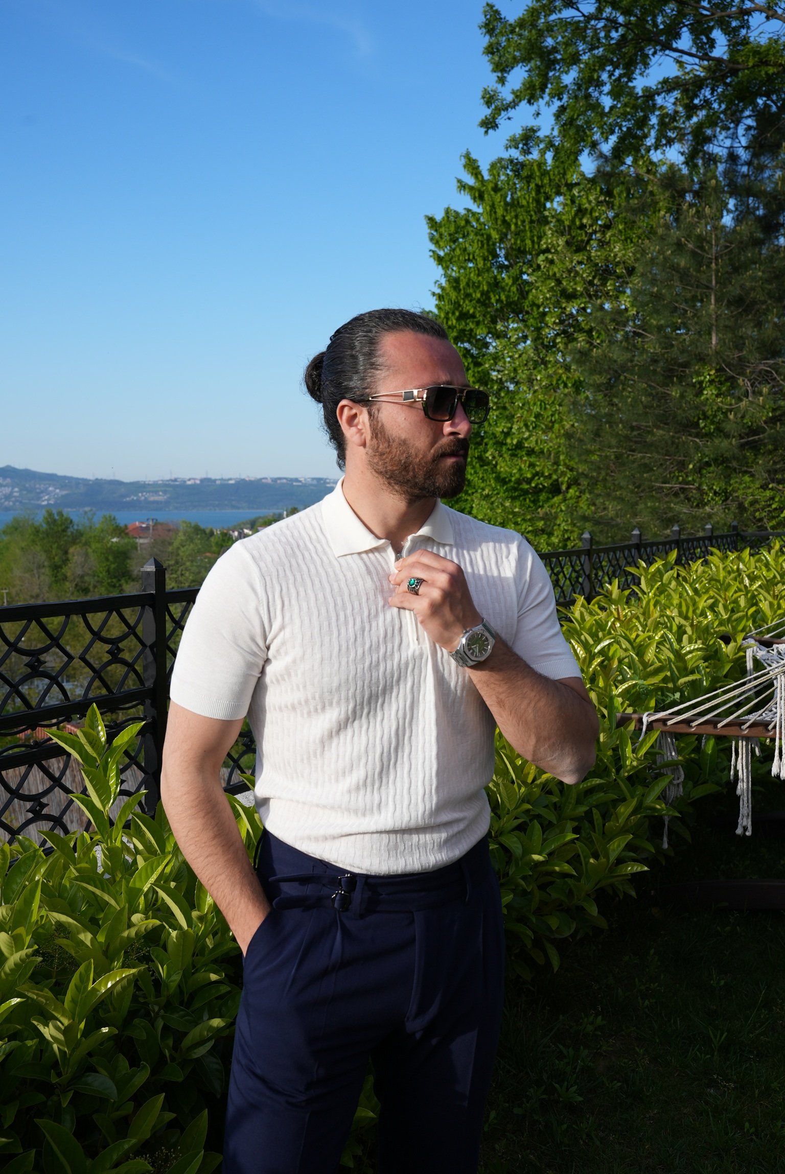 Slim Fit  Spor Polo Yaka Fermuarlı  Erkek Tişört - Beyaz
