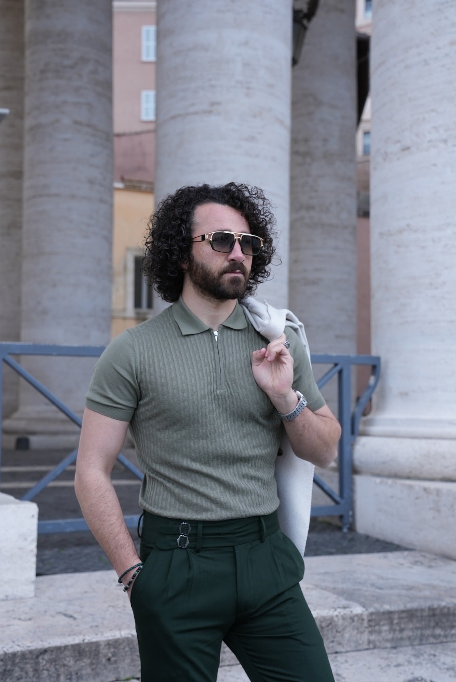 Slim Fit  Spor Polo Yaka Fermuarlı  Erkek Tişört - Haki