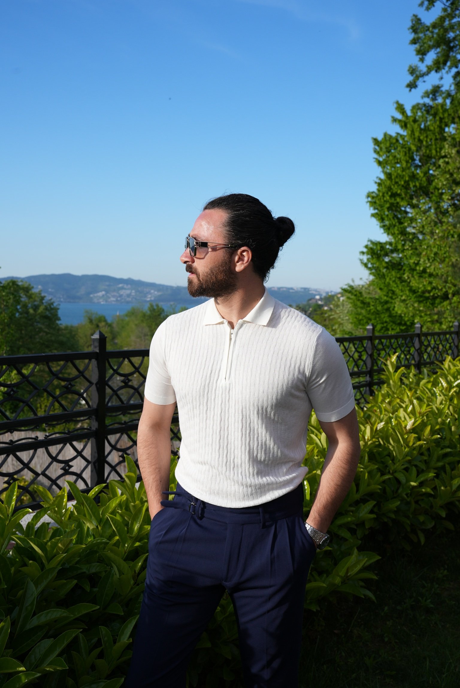 Slim Fit  Spor Polo Yaka Fermuarlı  Erkek Tişört - Beyaz