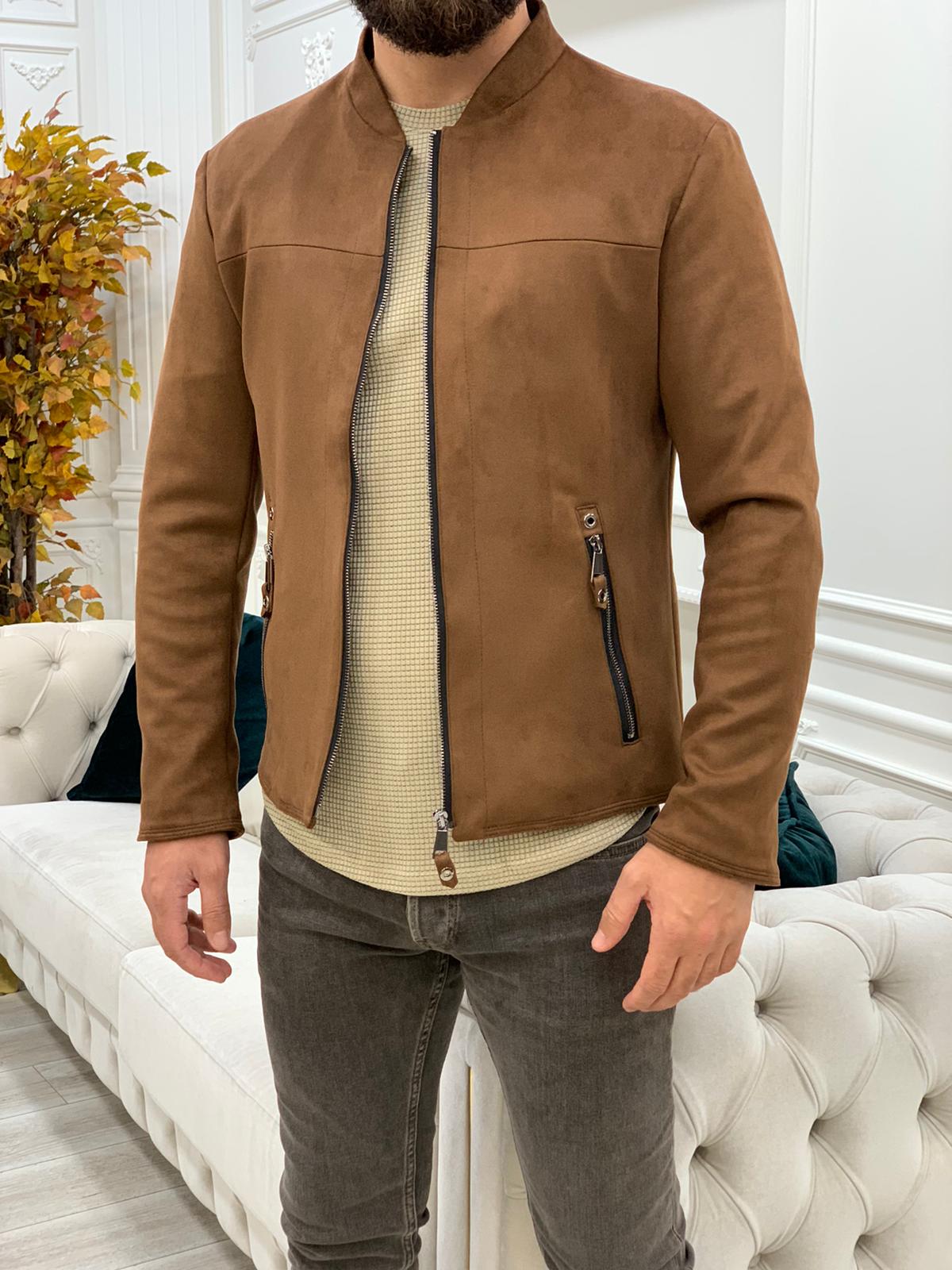 Slim Fit Süet Mont - Acı Kahve
