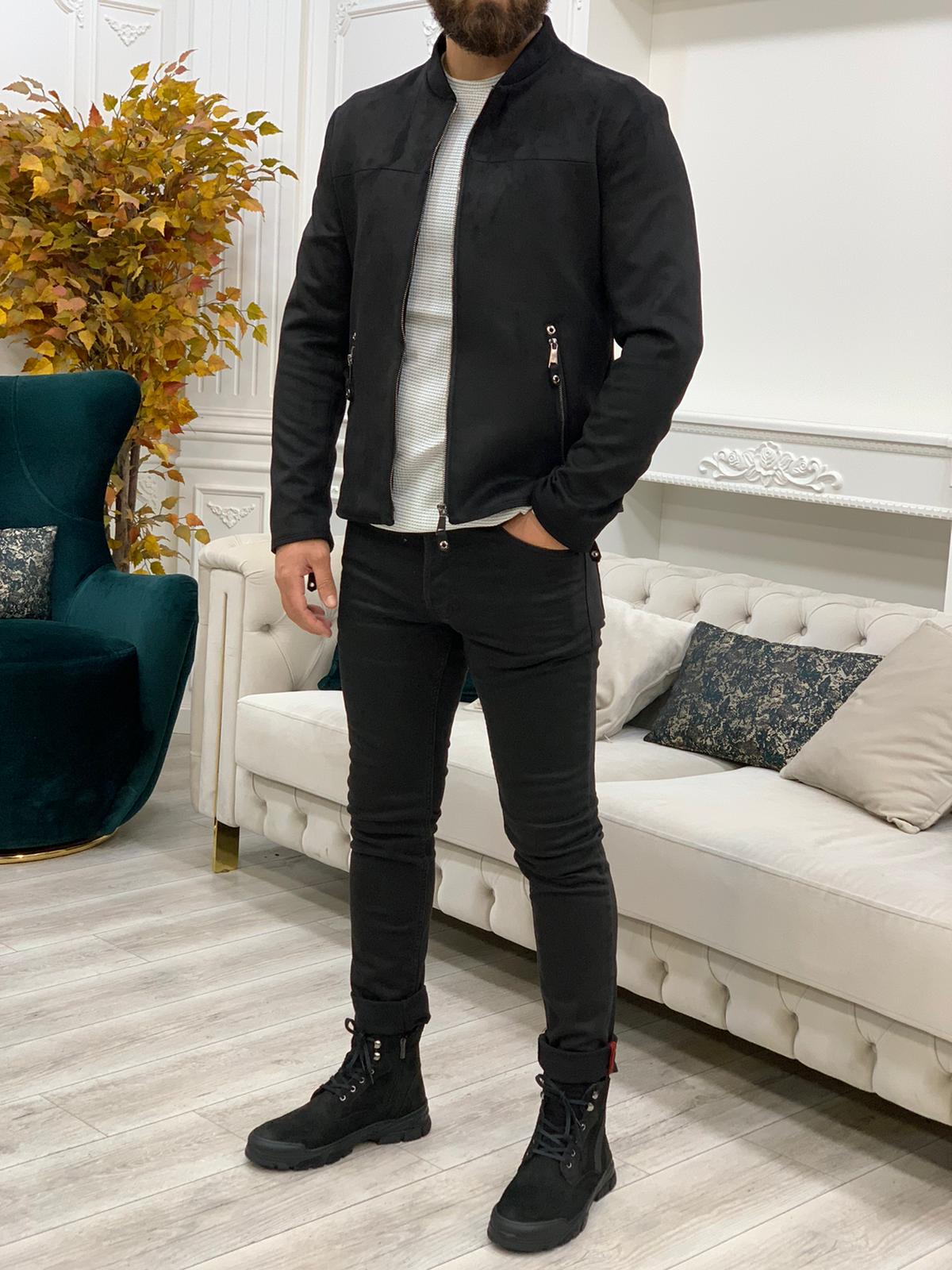 Slim Fit Süet Mont - Siyah