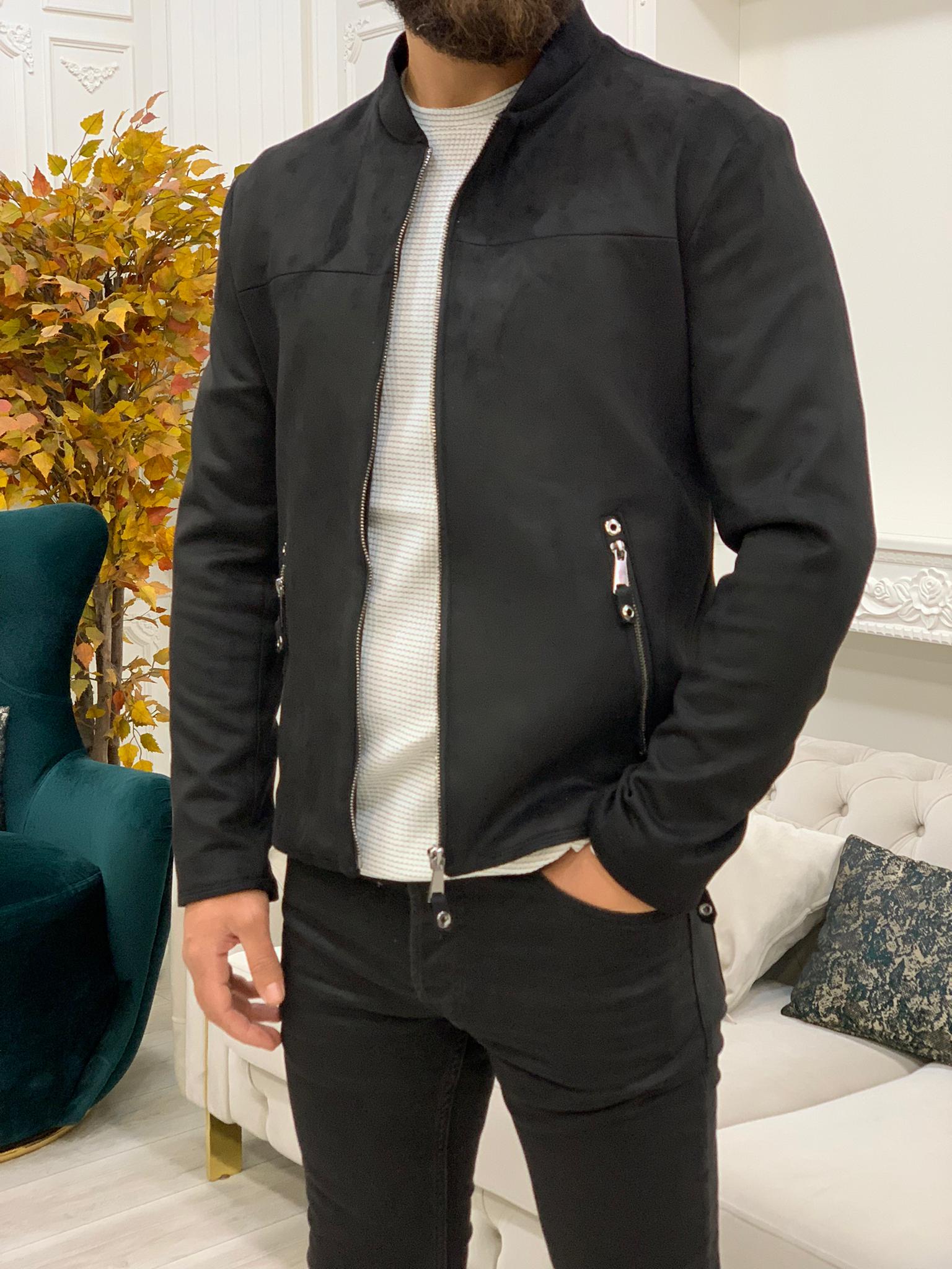 Slim Fit Süet Mont - Siyah