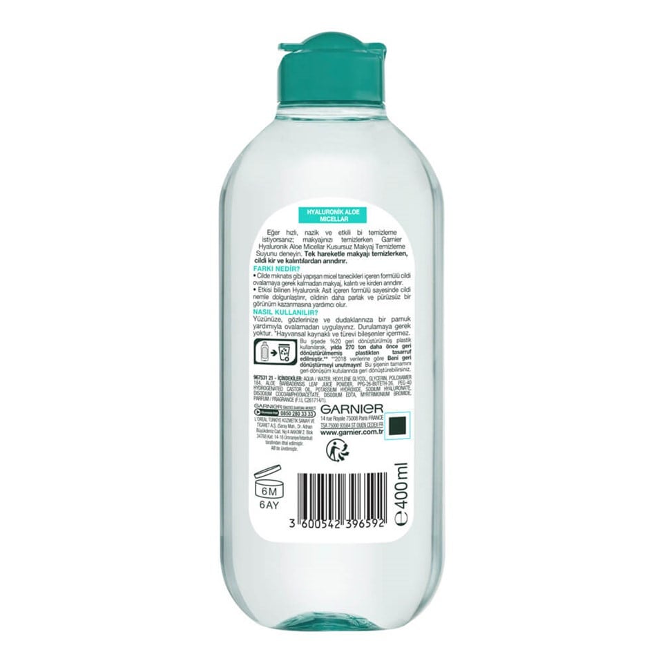 GARNİER MİCELLAR MAKYAJ TEMİZLEME SUYU HYALURONİK ALOE 400 ML