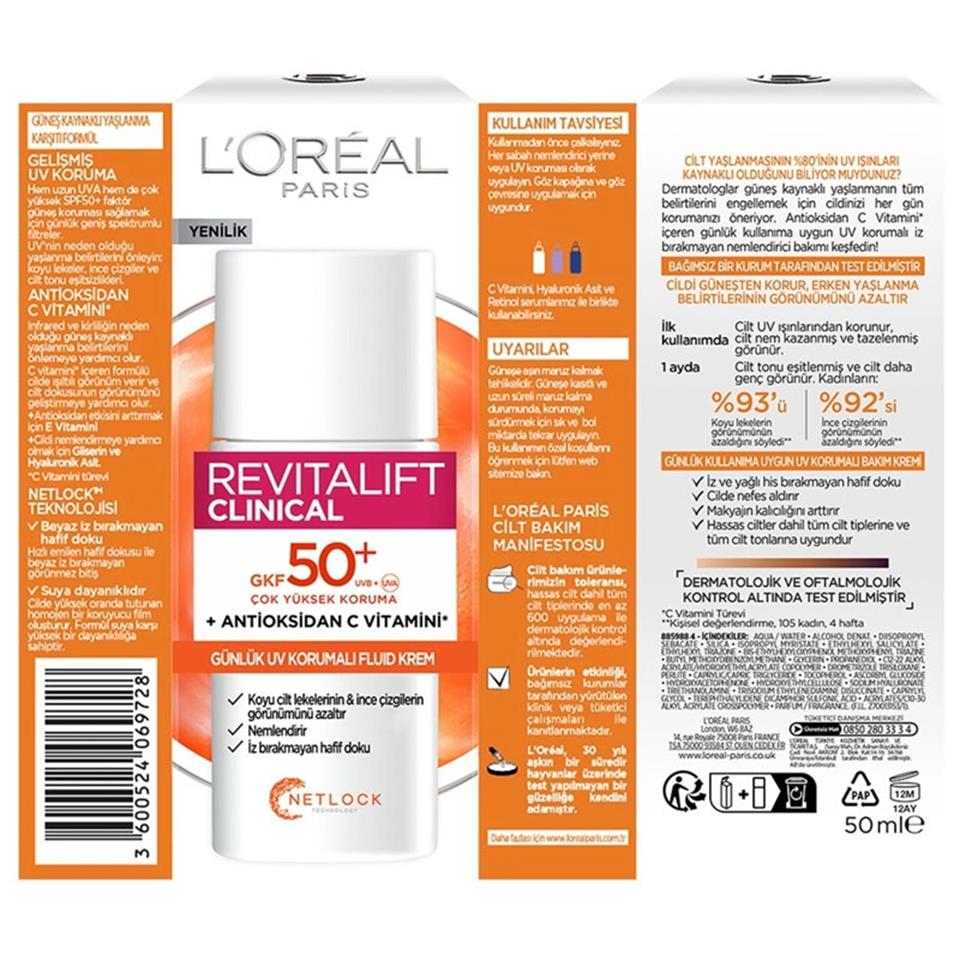 LOREAL PARİS REVİTALİFT CLİNİCAL SPF50+ GÜNLÜK YÜKSEK UV KORUMALI YÜZ GÜNEŞ KREMİ 50 ML
