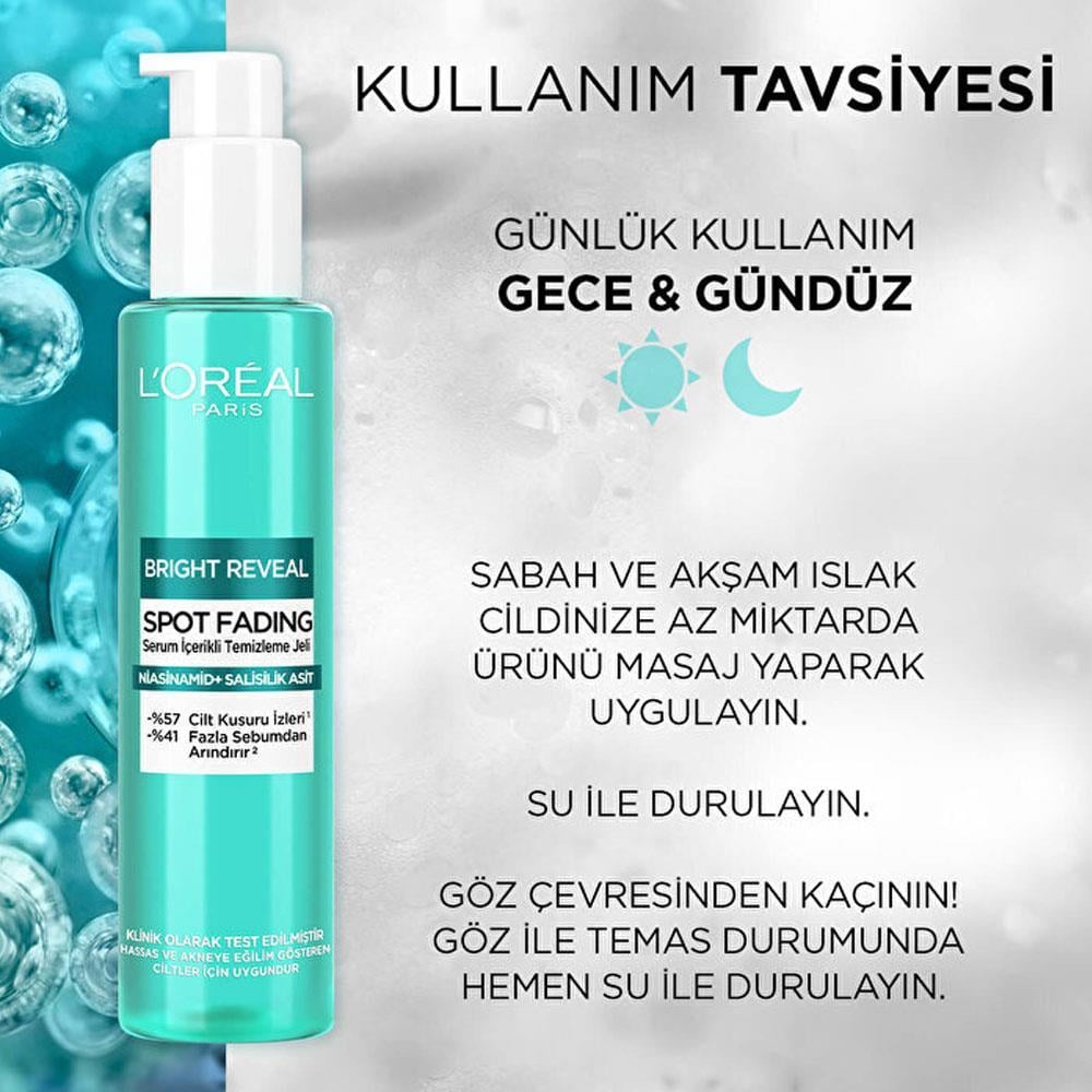 LOREAL PARİSLOREAL PARİS BRİGHT REVEAL CİLT KUSURU İZİ KARŞITI, SERUM İÇERİKLİ TEMİZLEME JELİ NİASİNAMİD+SALİSİLİK ASİT 150 ML