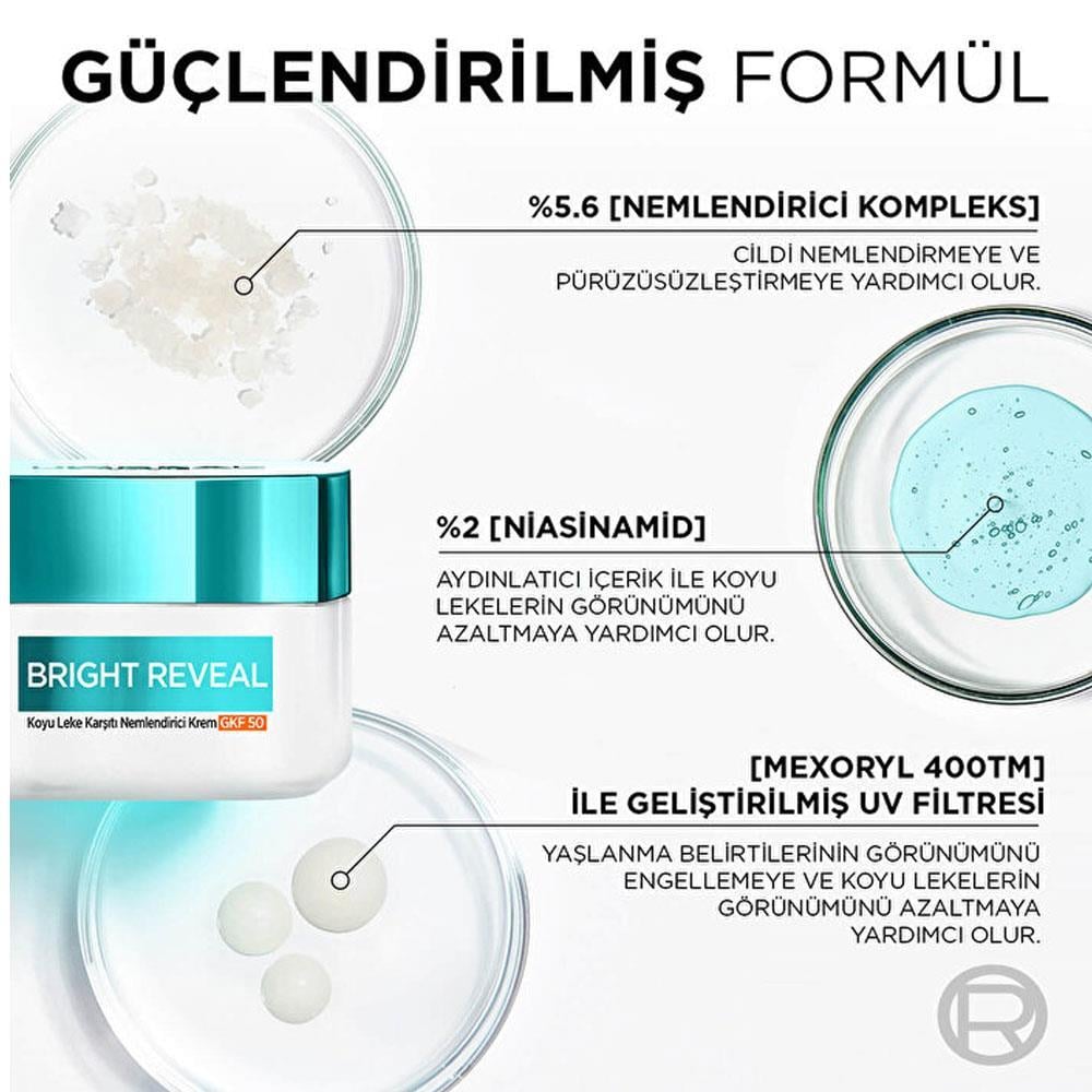 LOREAL PARİSLOREAL PARİS BRİGHT REVEAL KOYU LEKE KARŞITI, CİLT TONU EŞİTLEYİCİ SPF50 NEMLENDİRİCİ KREM NİASİNAMİD 50 ML