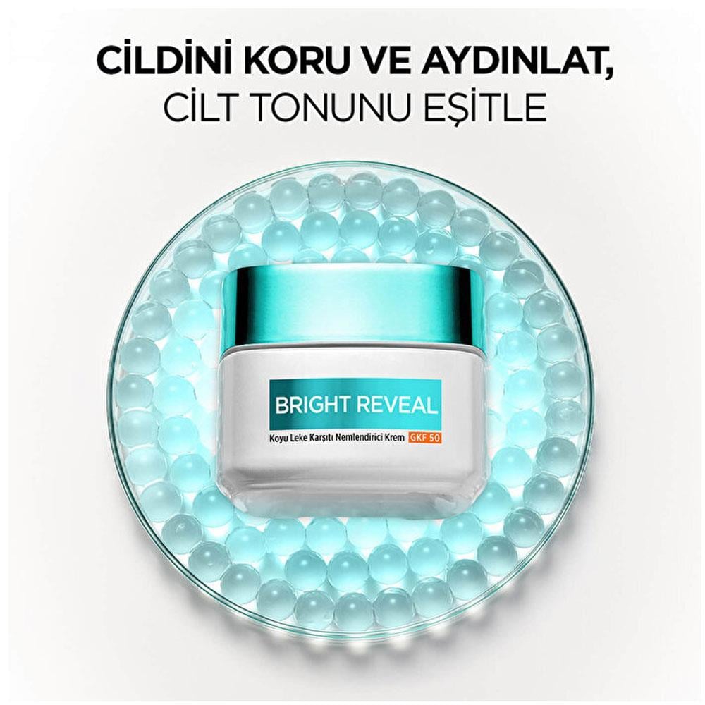 LOREAL PARİSLOREAL PARİS BRİGHT REVEAL KOYU LEKE KARŞITI, CİLT TONU EŞİTLEYİCİ SPF50 NEMLENDİRİCİ KREM NİASİNAMİD 50 ML