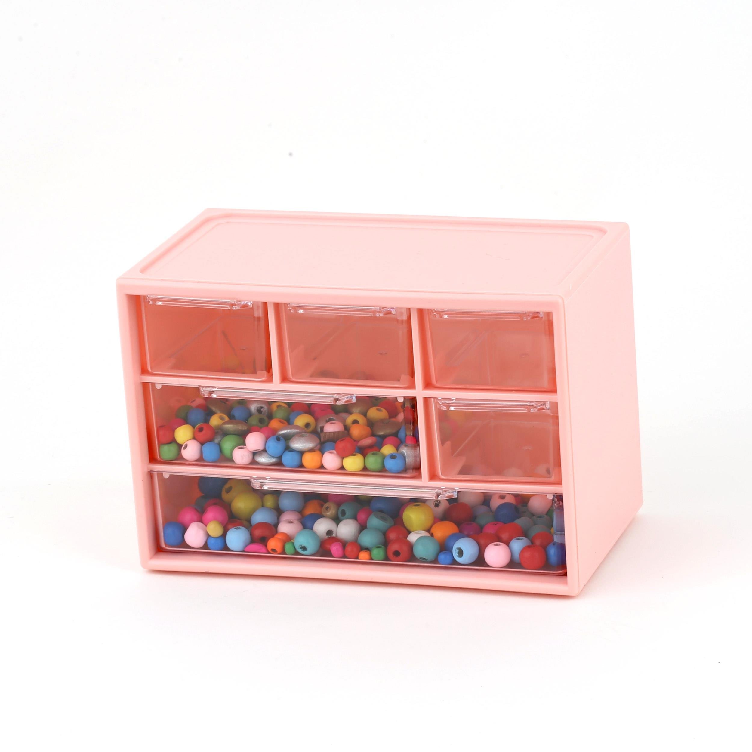 6 Çekmeceli Geniş Taş ve Boncuk Saklama Kutusu Pembe