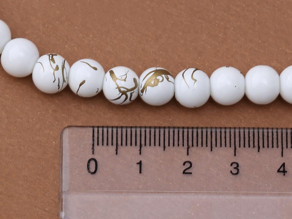 Altın Desenli Beyaz Dizi Cam Boncuk