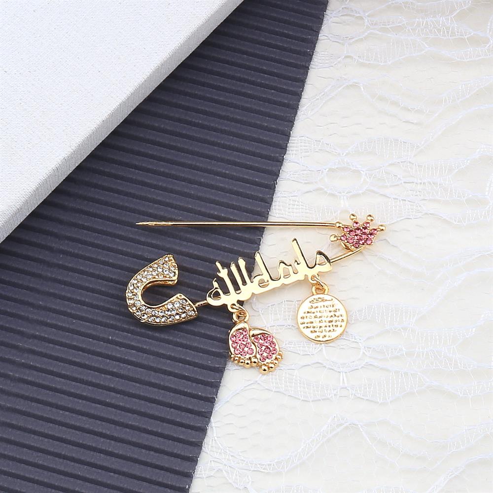 Arapça Maşallah Bebek İğnesi Pembe Taç Model