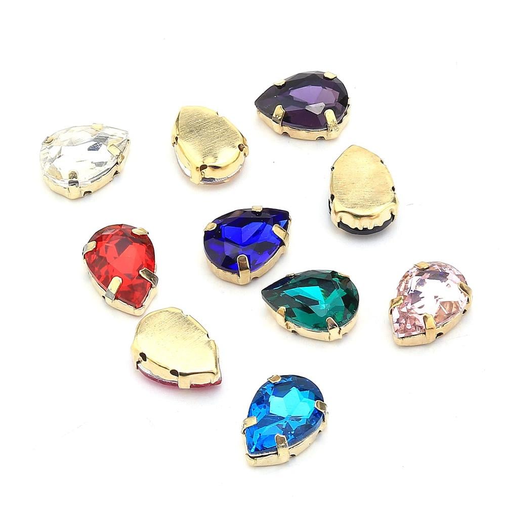 Damla Şeklinde Altın Renk Kasalı Kristal Dikme Beyoğlu Taşı 10 x 14 mm