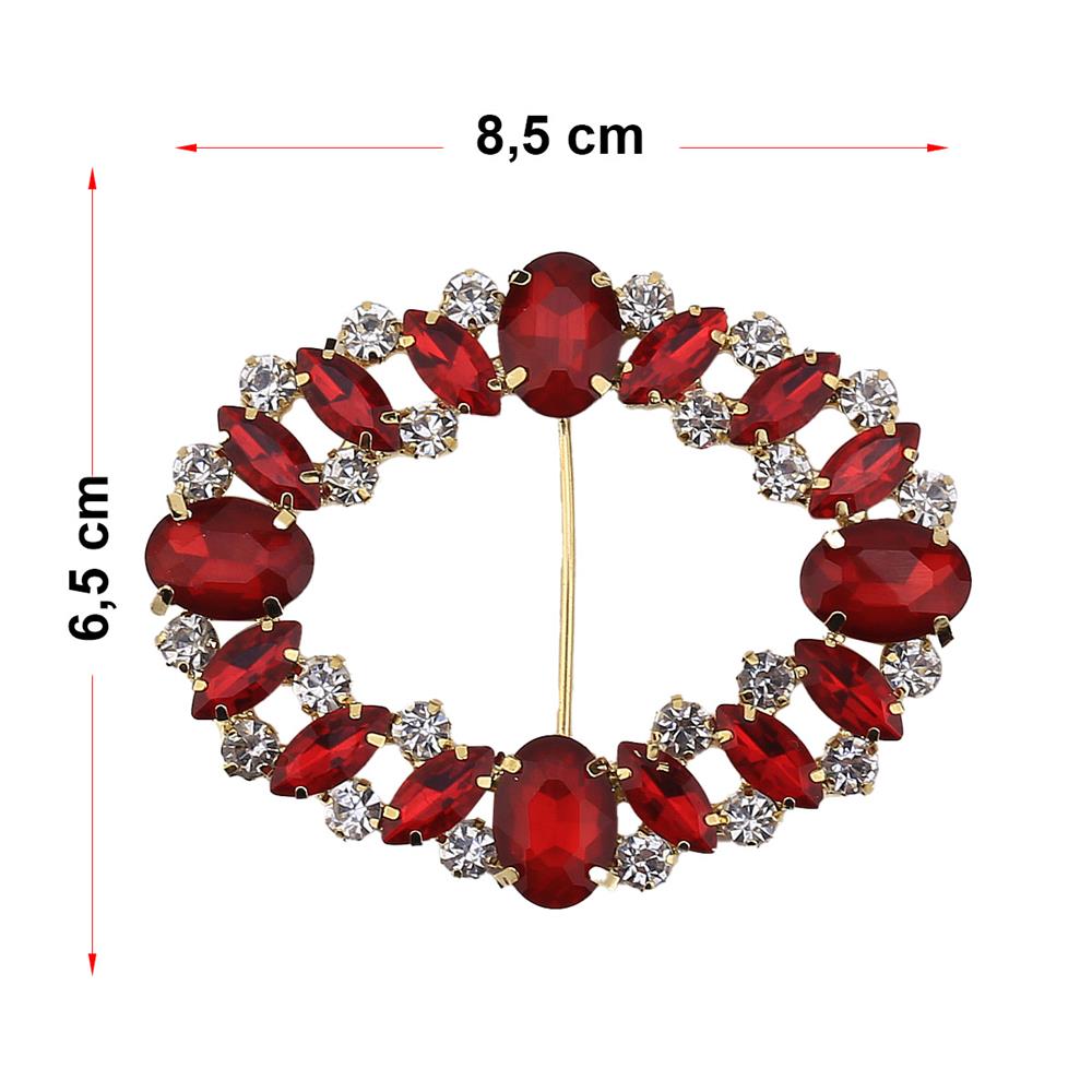 Kırmızı Renk Kristal Taşlı Oval Kemer Tokası