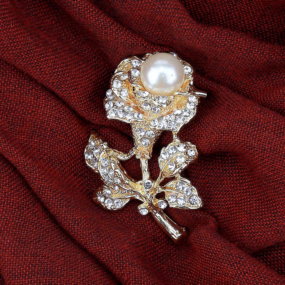 Kristal Taş ve İncili Gül Broş