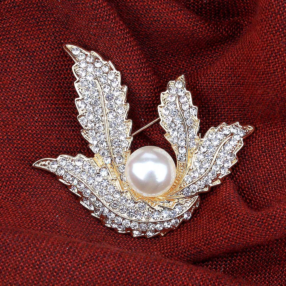 Kristal Taşlı İncili Yaprak Broş