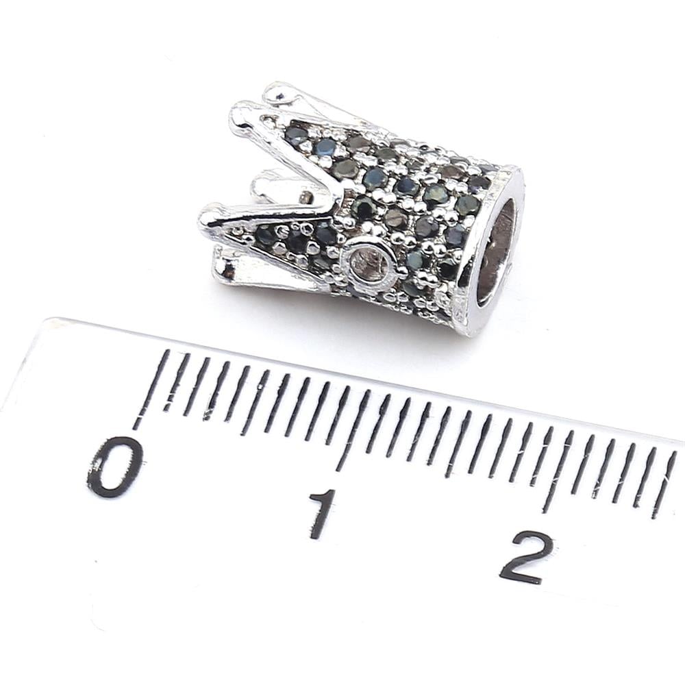 Siyah Zirkon Taşlı, Taç Şeklinde Gümüş Metal Takı Boncuğu