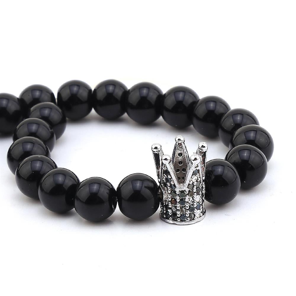 Siyah Zirkon Taşlı, Taç Şeklinde Gümüş Metal Takı Boncuğu