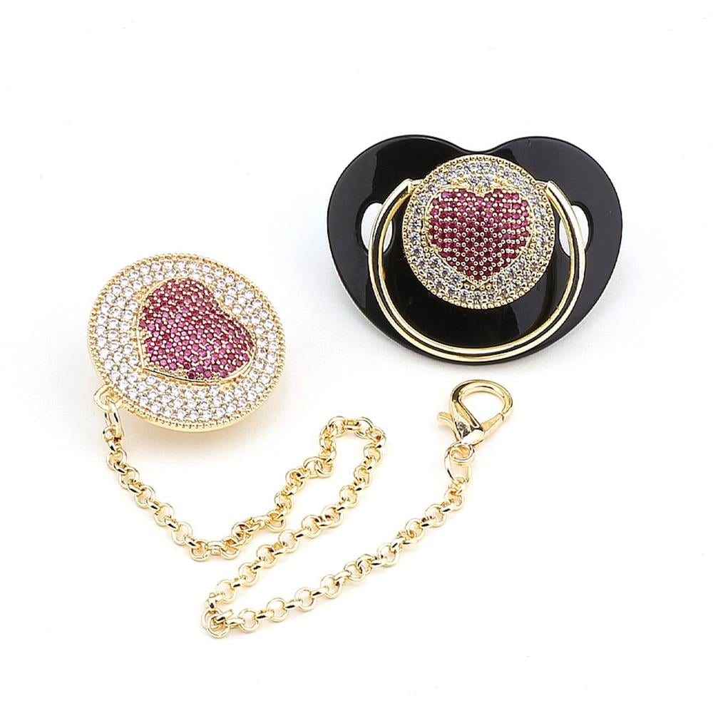 Zirkon Taşlı, Kalp Figürlü Emzik ve Emzik Zinciri Seti