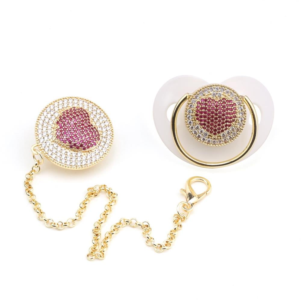 Zirkon Taşlı, Kalp Figürlü Emzik ve Emzik Zinciri Seti