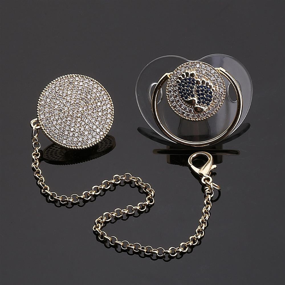 Zirkon Taşlı, Mavi Ayak Figürlü Emzik ve Emzik Askısı Seti