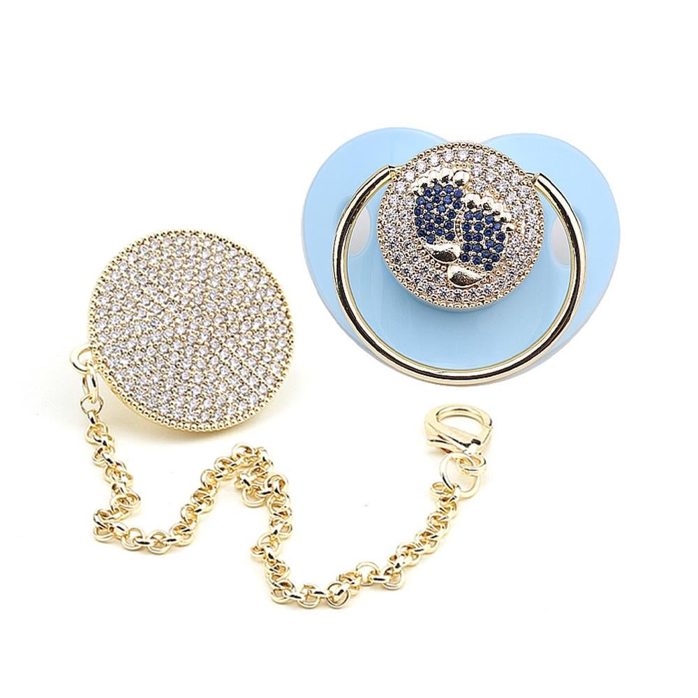 Zirkon Taşlı, Mavi Ayak Figürlü Emzik ve Emzik Askısı Seti