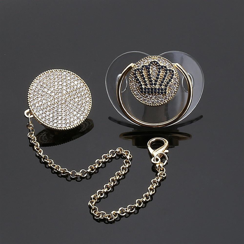 Zirkon Taşlı, Mavi Taç Figürlü Emzik ve Emzik Askısı Seti