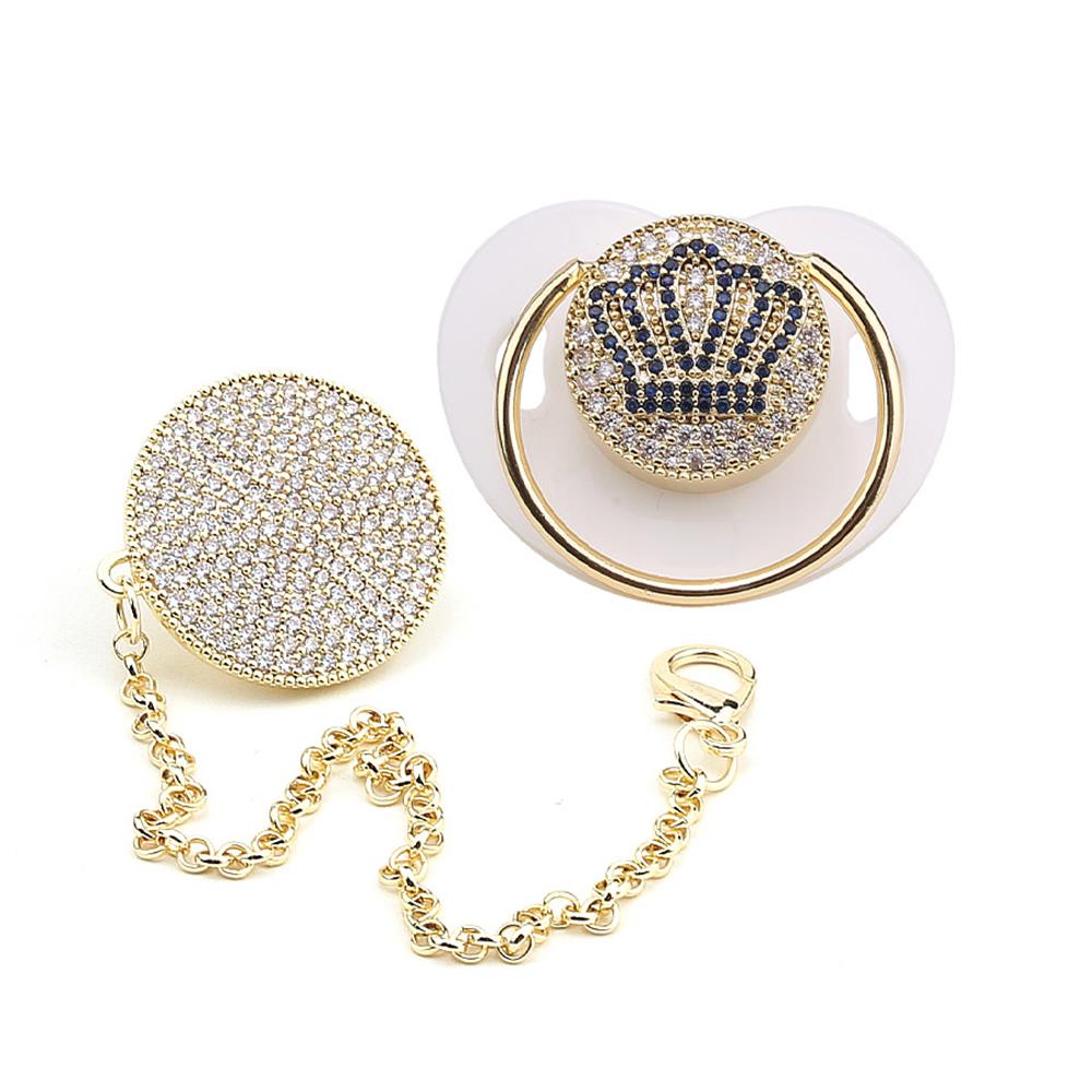 Zirkon Taşlı, Mavi Taç Figürlü Emzik ve Emzik Askısı Seti