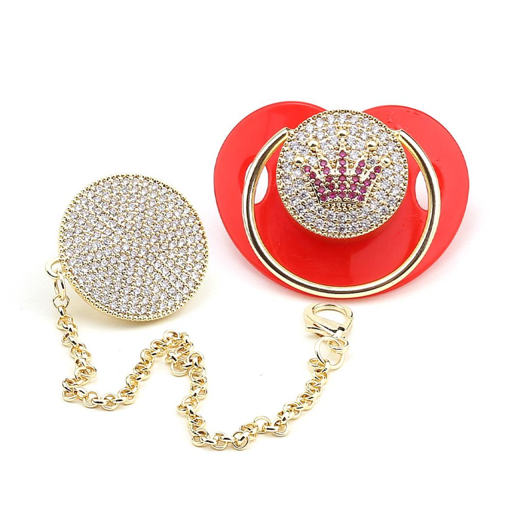 Zirkon Taşlı, Pembe Taç Figürlü Emzik ve Emzik Zinciri Seti