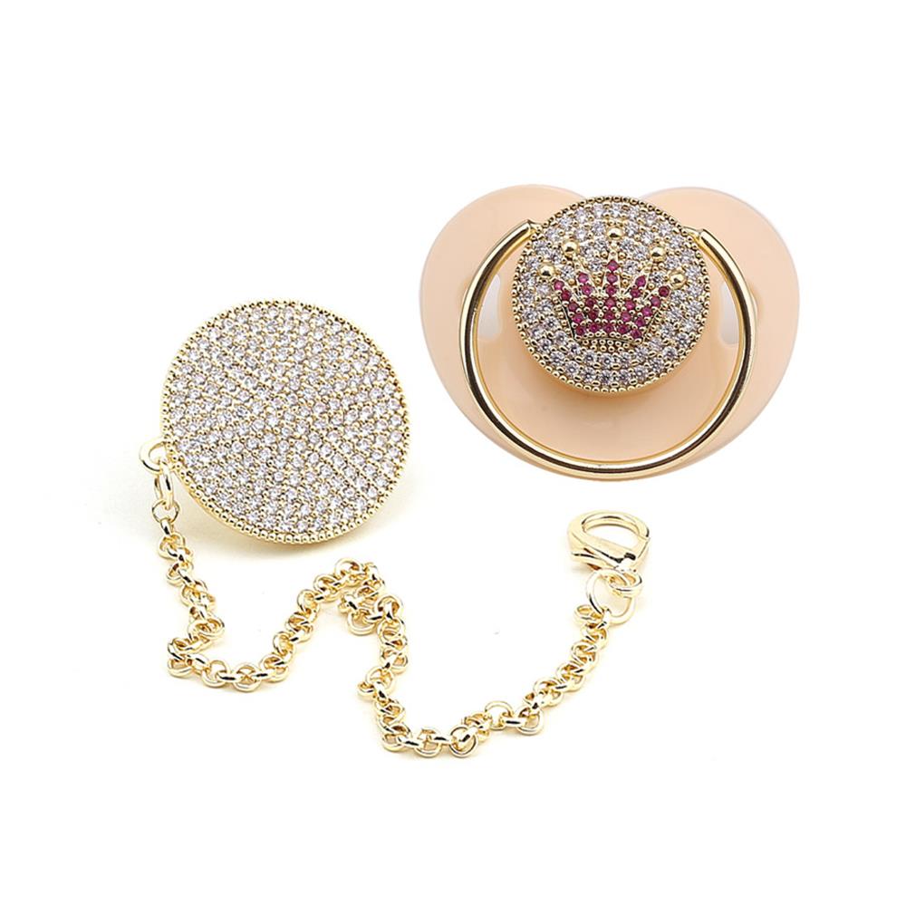 Zirkon Taşlı, Pembe Taç Figürlü Emzik ve Emzik Zinciri Seti