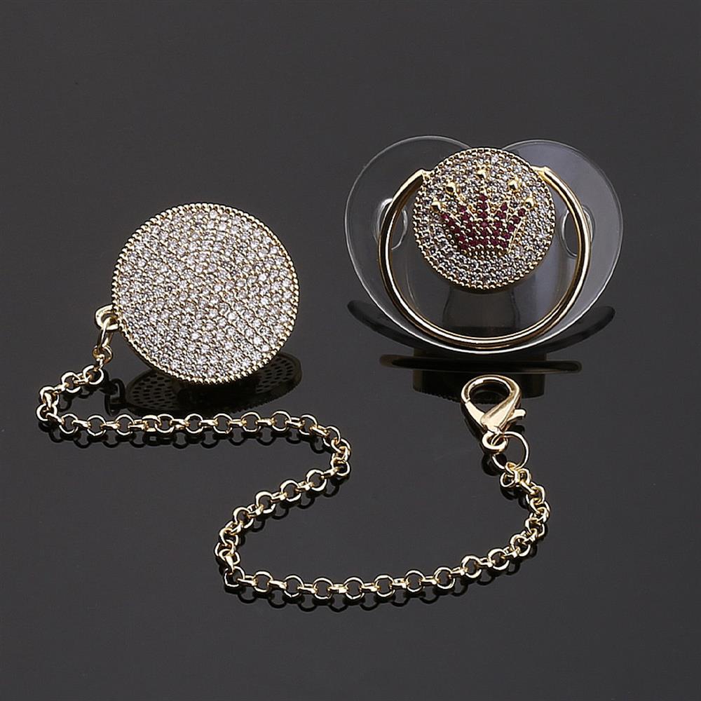 Zirkon Taşlı, Pembe Taç Figürlü Emzik ve Emzik Zinciri Seti