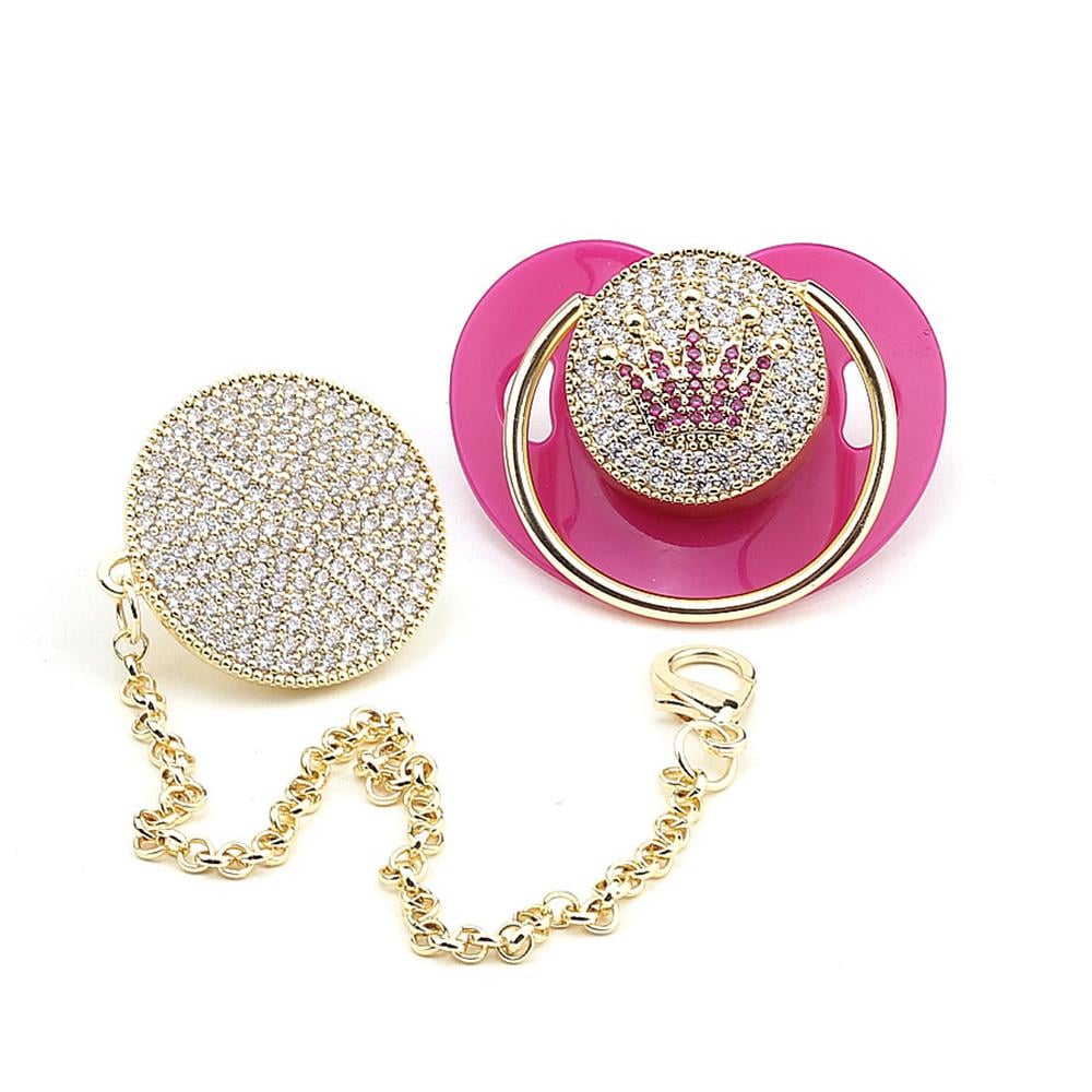 Zirkon Taşlı, Pembe Taç Figürlü Emzik ve Emzik Zinciri Seti