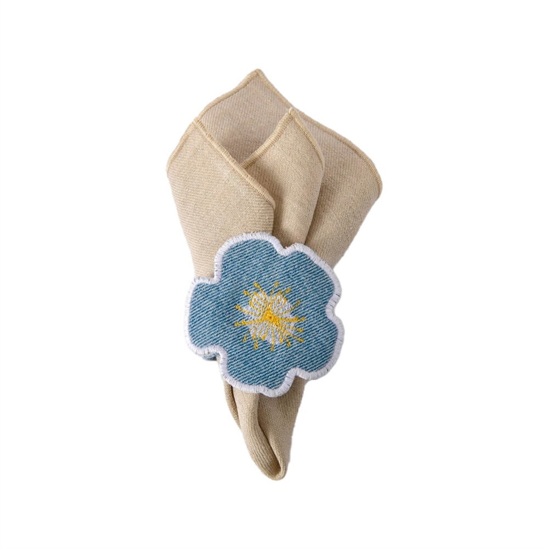 Buz Mavi Denim Çiçek Peçete Yüzüğü Beyaz Nakışlı