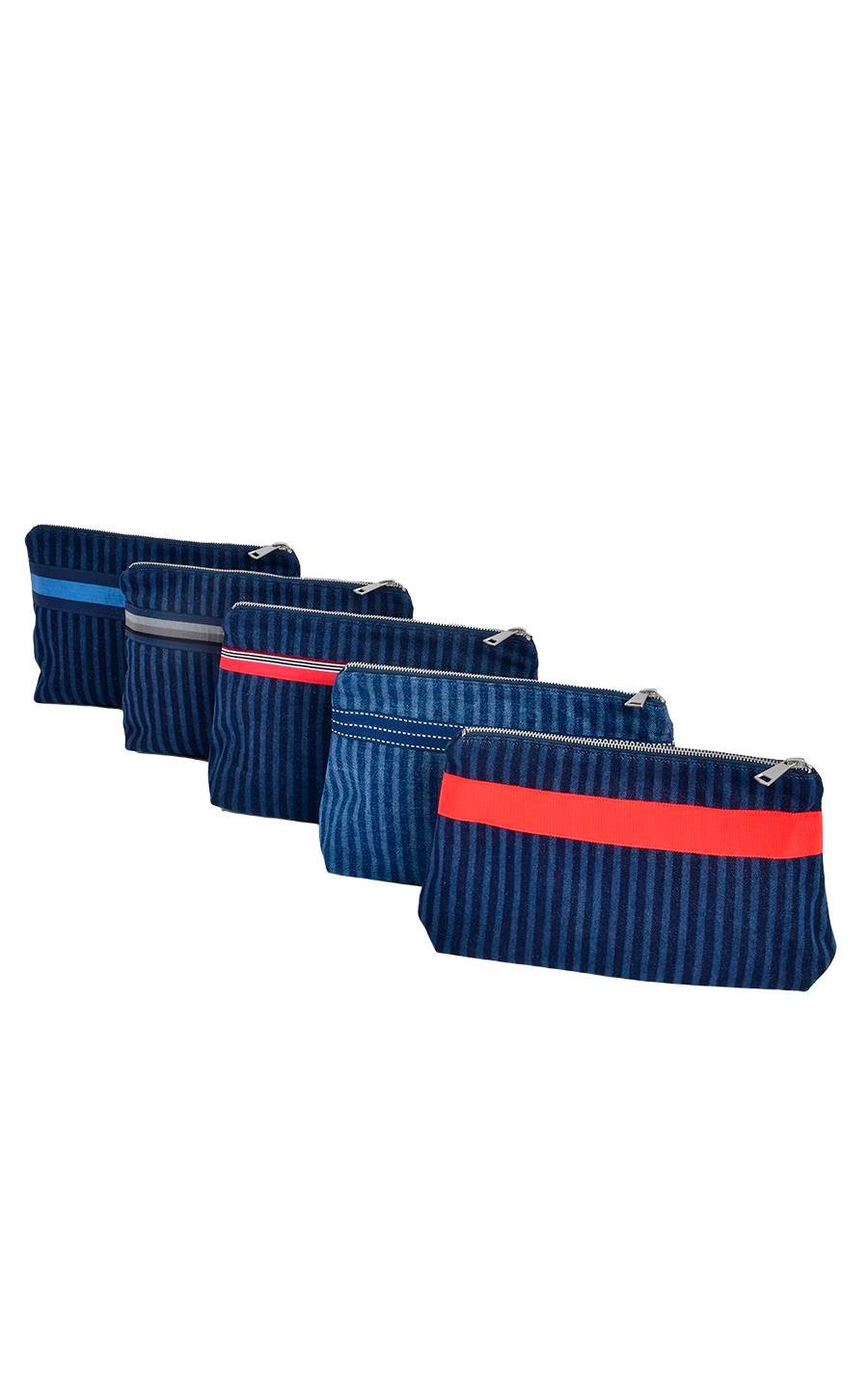 Denim striped clutch bag