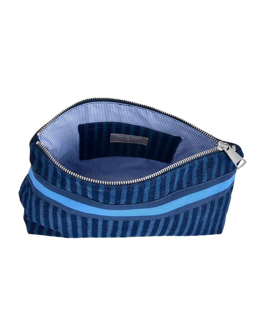 Denim striped clutch bag