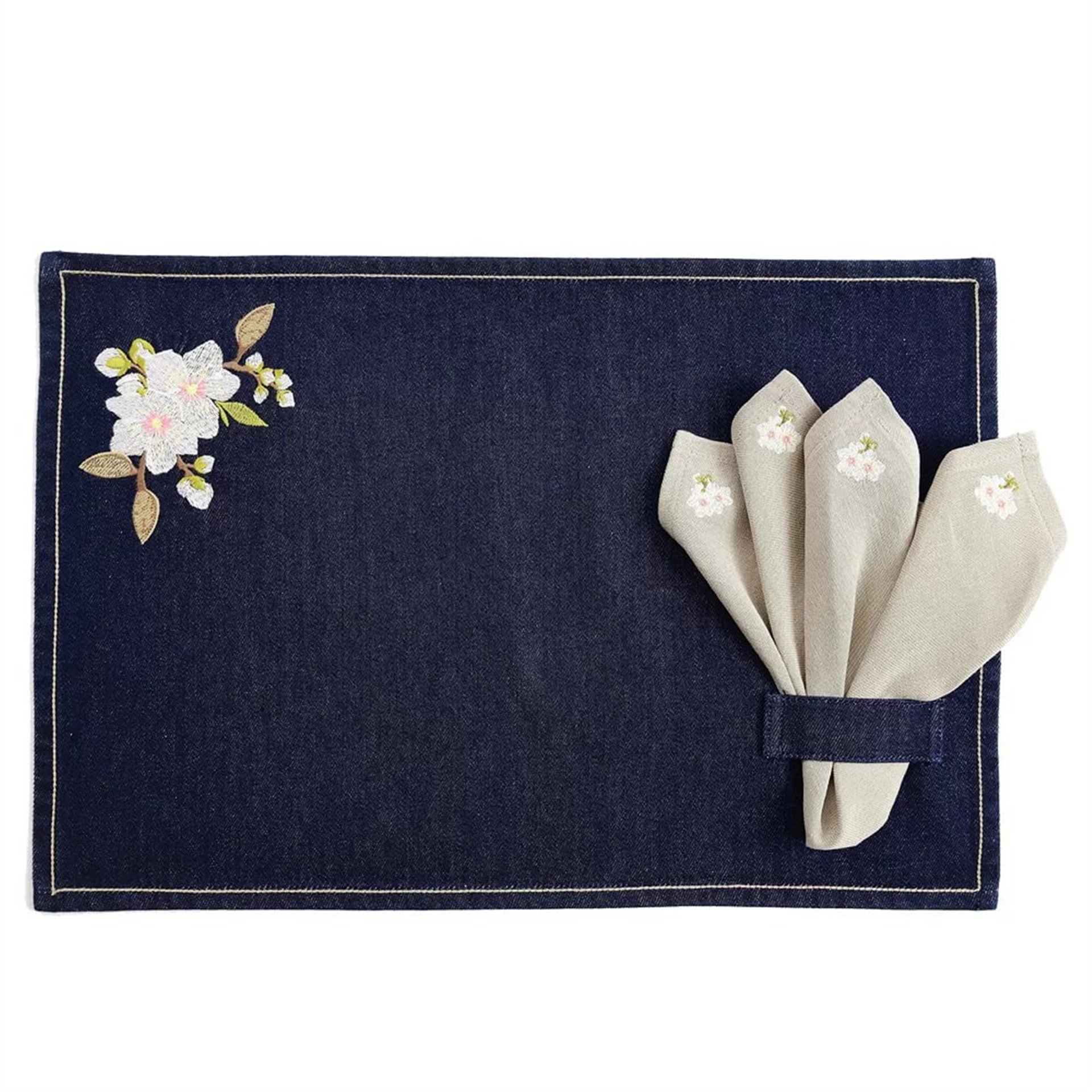Denim Üzeri Badem Çiçeği Nakışlı Amerikan Servis