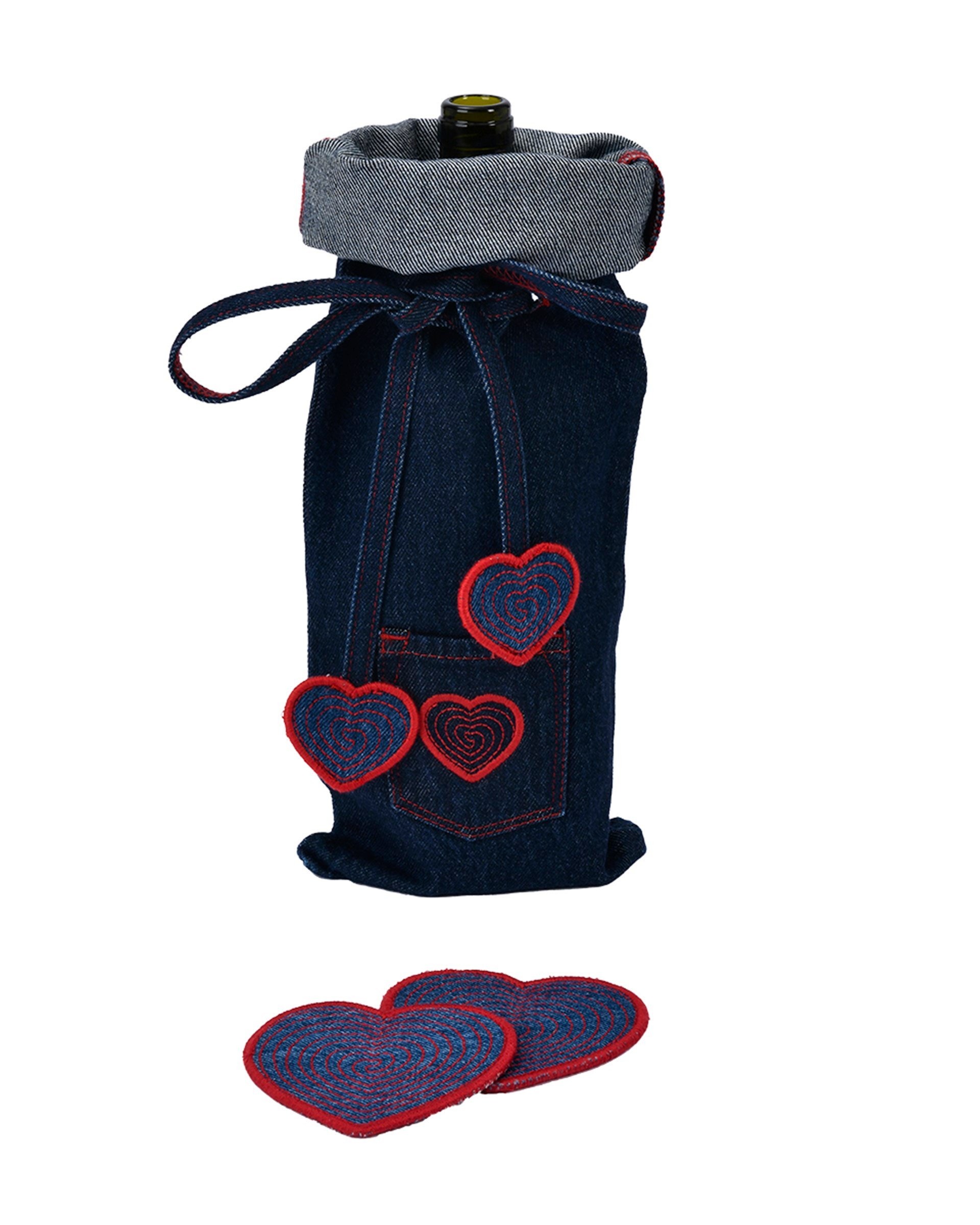 Kırmızı Nakışlı Denim Şaraplık
