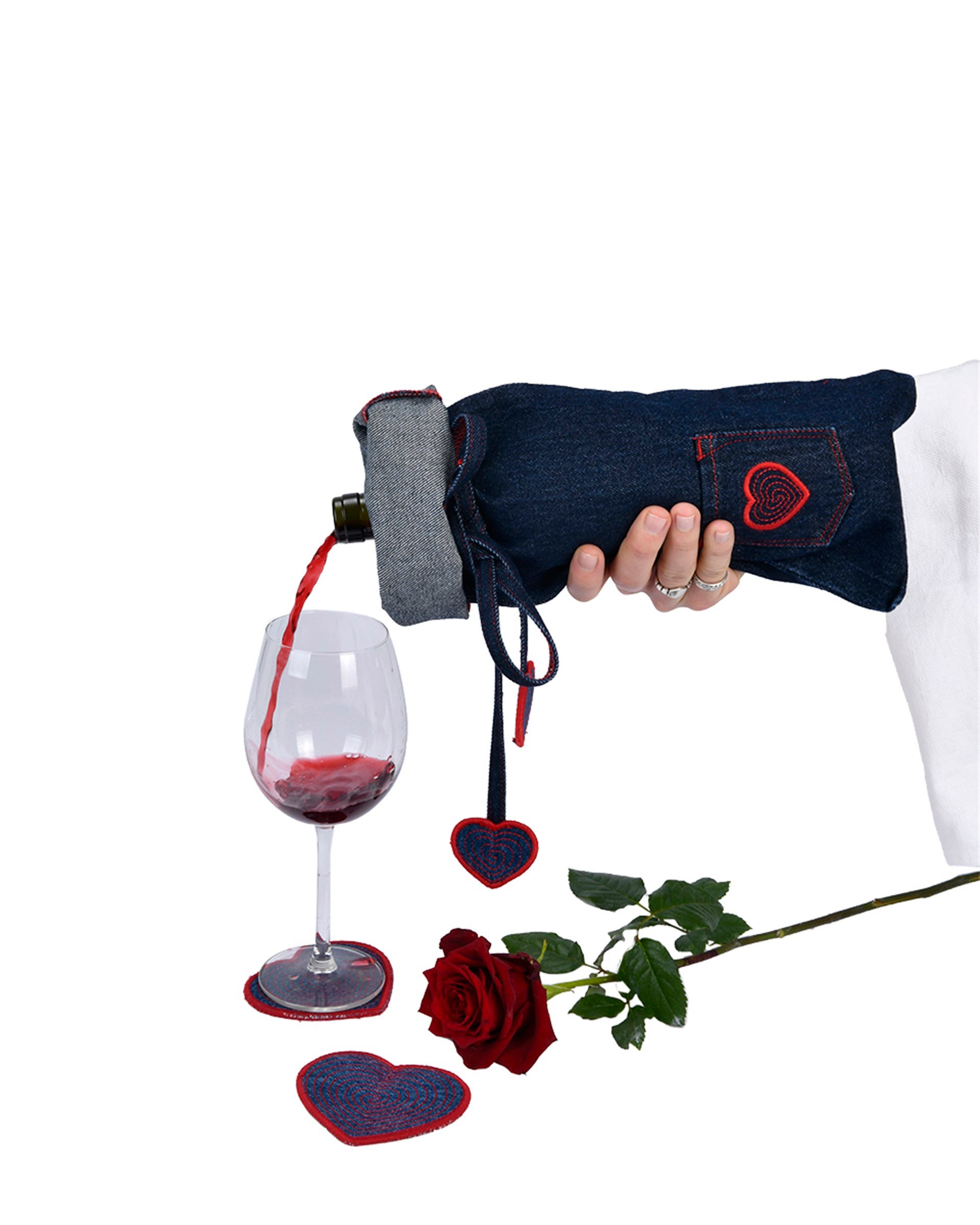 Kırmızı Nakışlı Denim Şaraplık