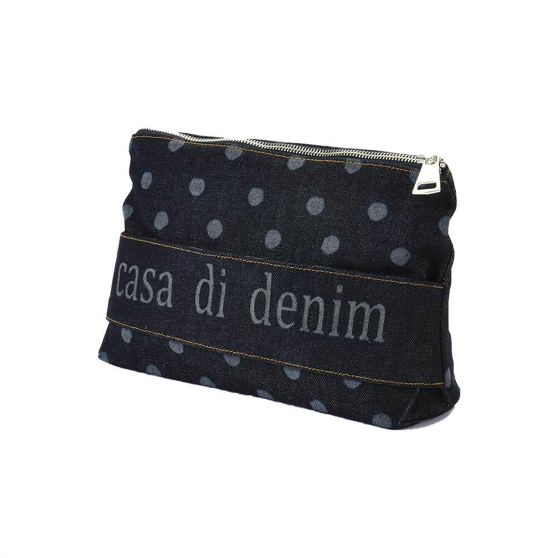 Yan Bantlı Denim Clutch Ham Puantiyeli Çanta