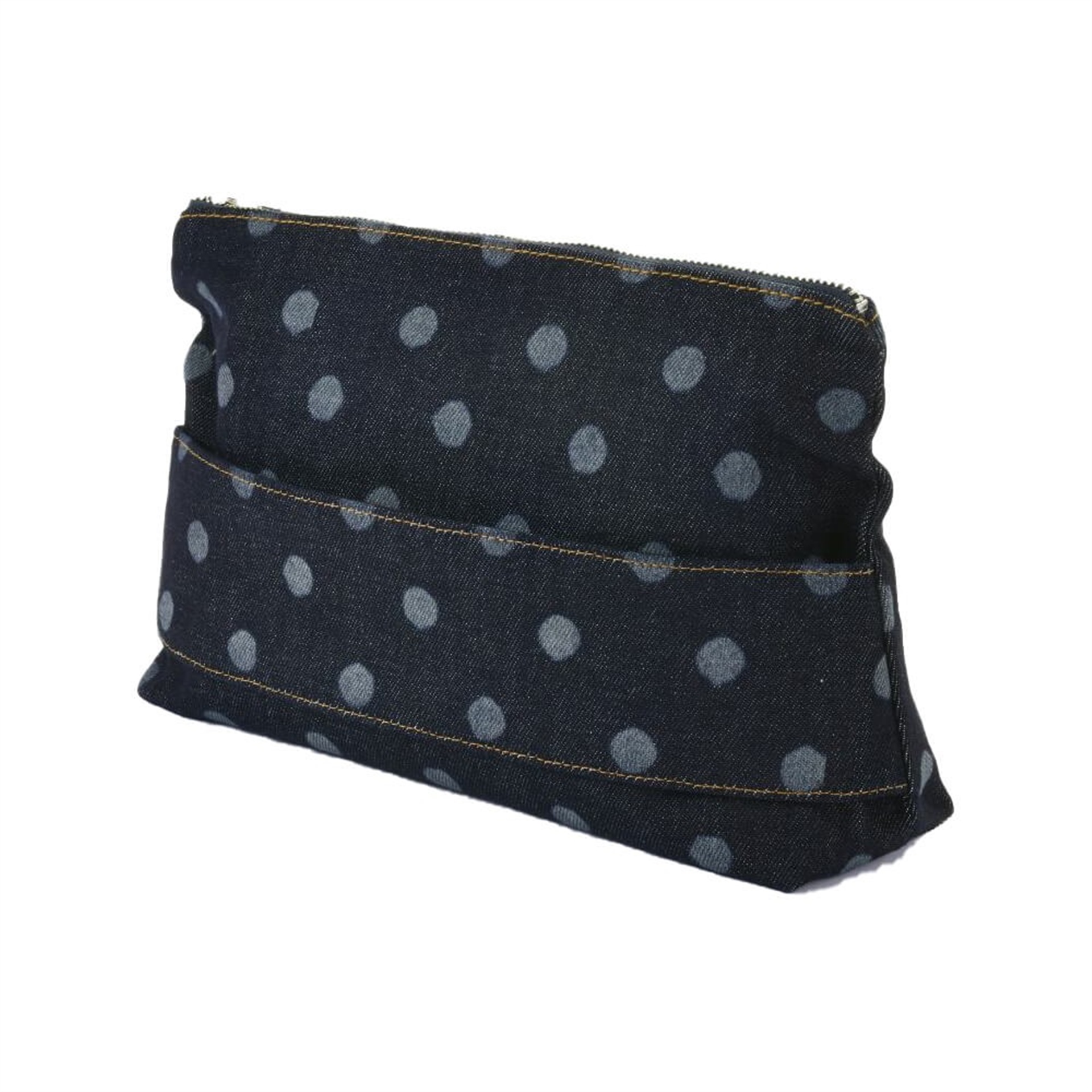Yan Bantlı Denim Clutch Ham Puantiyeli Çanta