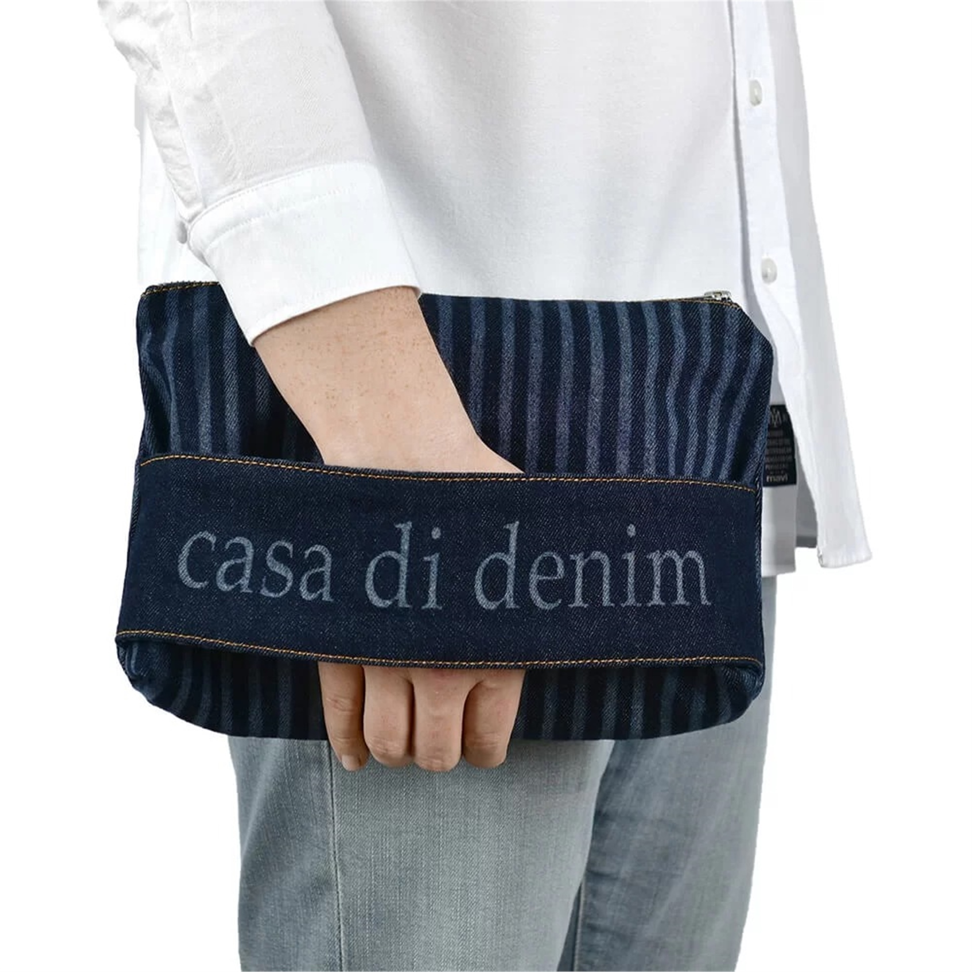 Yan Bantlı Lacivert Denim Clutch Çanta