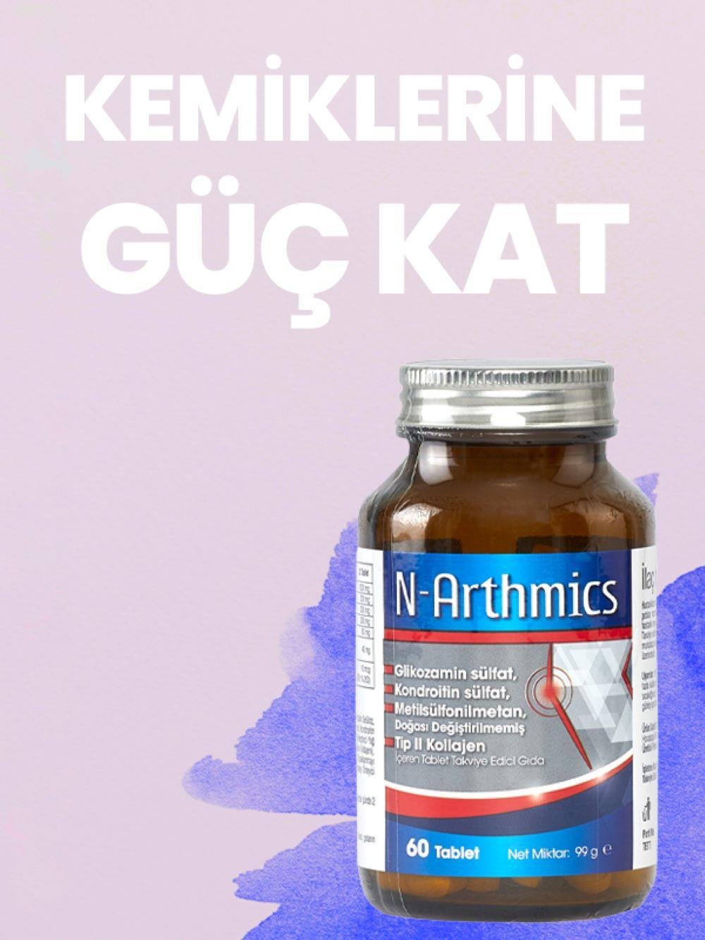N-Arthmics Glukozamin, Kondroitin, MSM, Kolajen Tip II, Akgünlük Ekstresi, Hyaluronik Asit ve D Vit. 60 Tablet