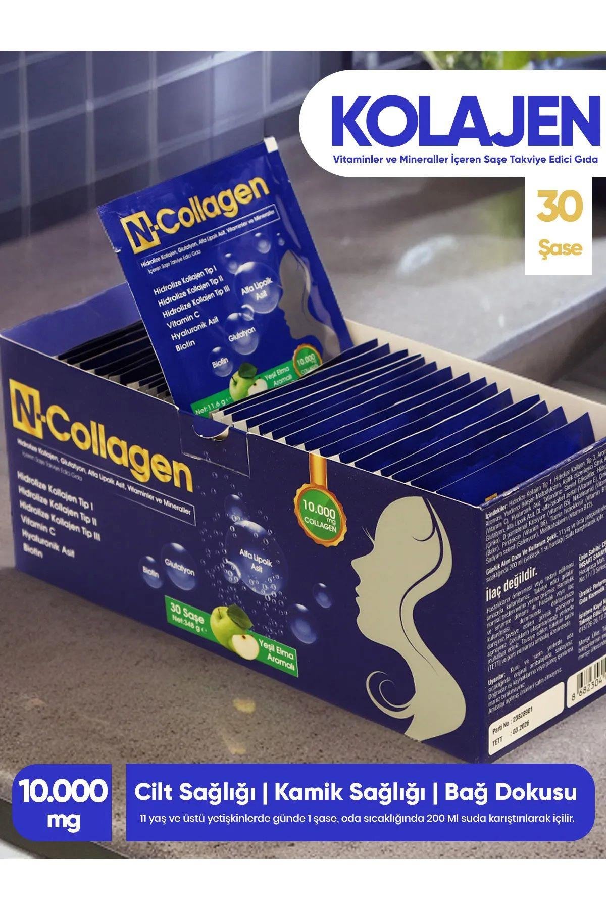 N-Collagen Hidrolize Kollajen Tip1-2-3 10.000 mg, Glutatyon, Alfa Lipolik Asit, Vitaminler, Mineraller 30 saşe