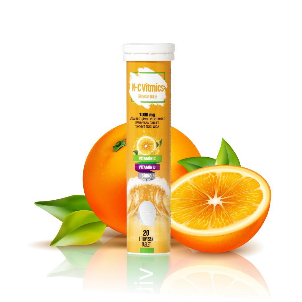 N-CVitmics Vitamin C 1000 mg, Çinko 10 mg, Vitamin D 10 mcg, içeren 20 Efervesan Tablet