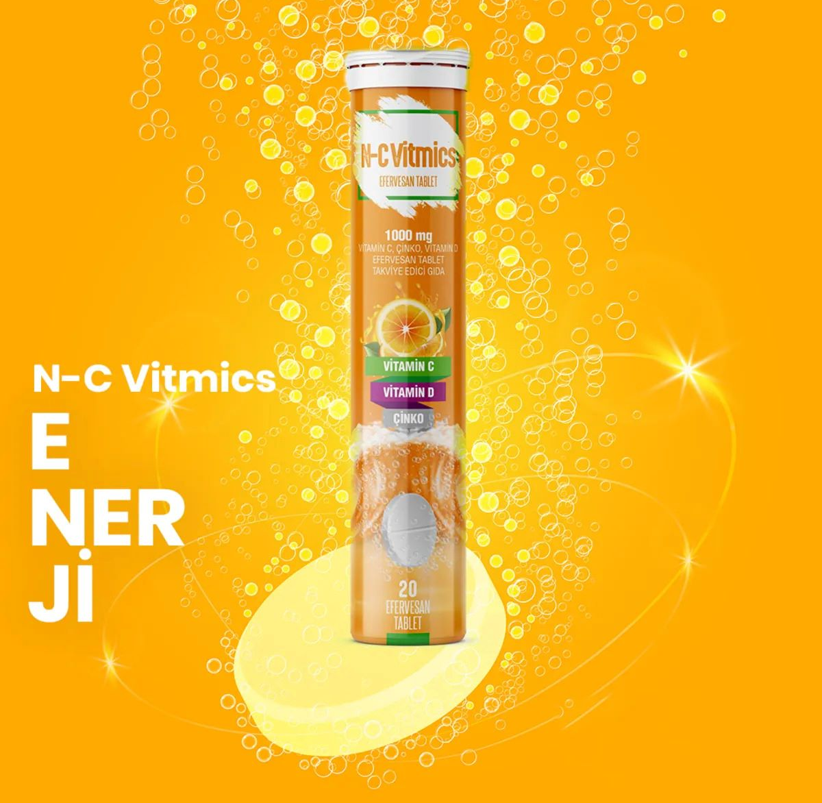 N-CVitmics Vitamin C 1000 mg, Çinko 10 mg, Vitamin D 10 mcg, içeren 20 Efervesan Tablet
