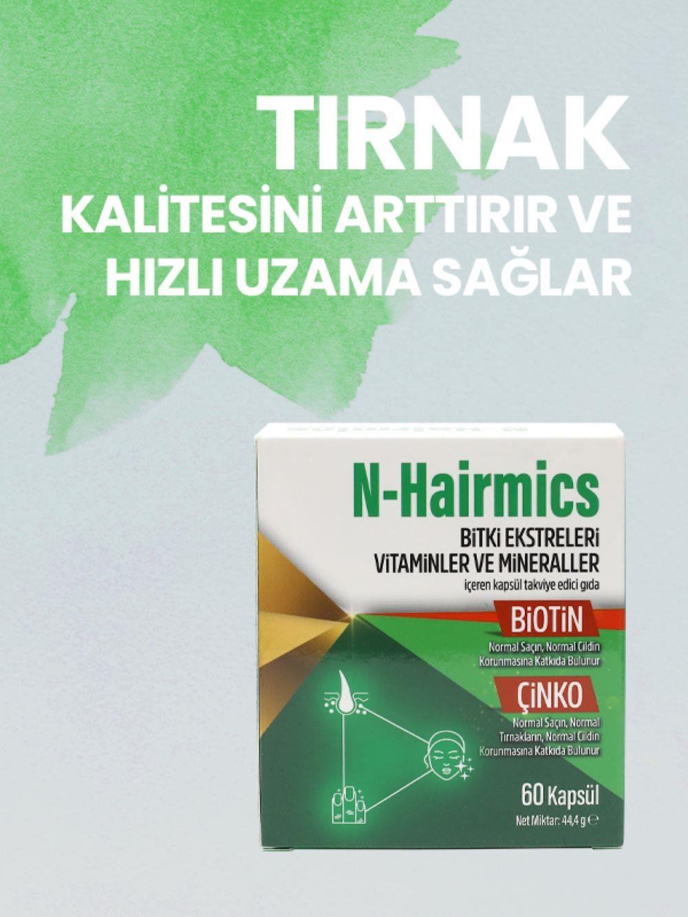 N Hairmics Saç Dökülmesine Karşı Destek, Bitki Ekstreleri Vitamin ve Mineralleri İçeren 60 Kapsül