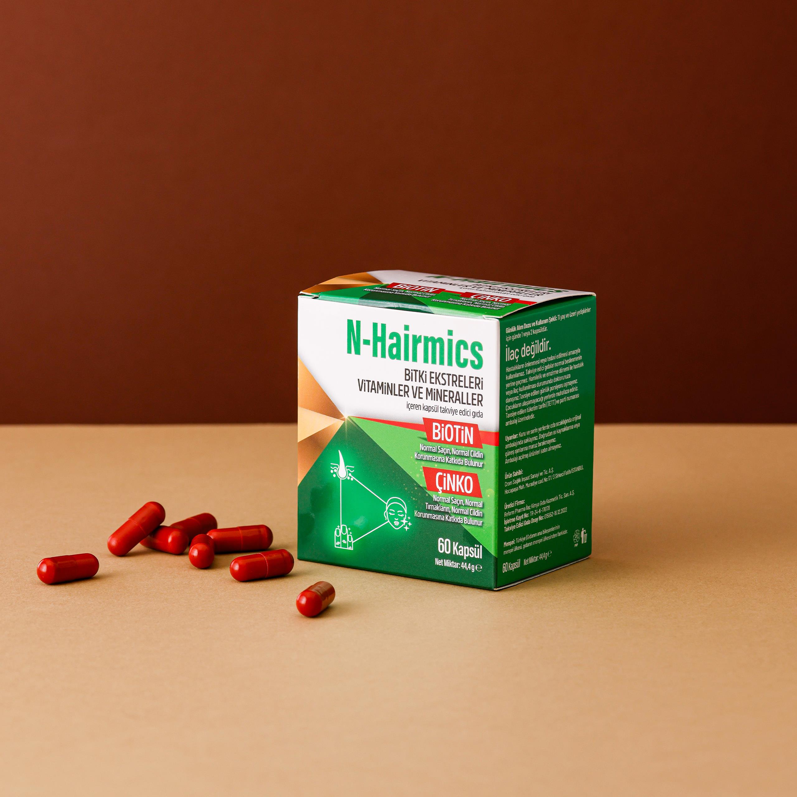 N Hairmics Saç Dökülmesine Karşı Destek, Bitki Ekstreleri Vitamin ve Mineralleri İçeren 60 Kapsül