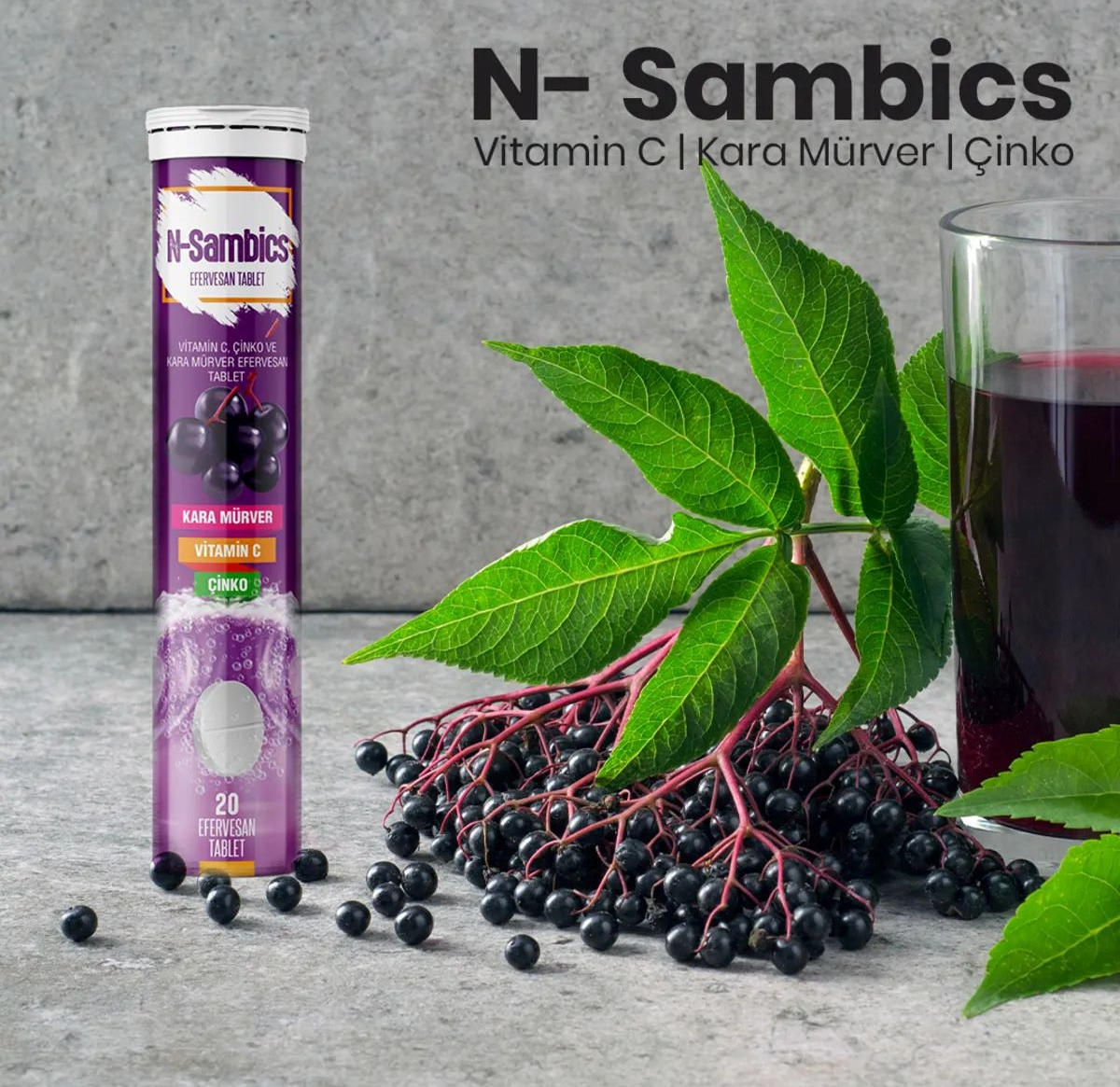 N-Sambics Kara Mürver Ekstresi, C Vitamini ve Çinko içeren 20 Efervesan Tablet
