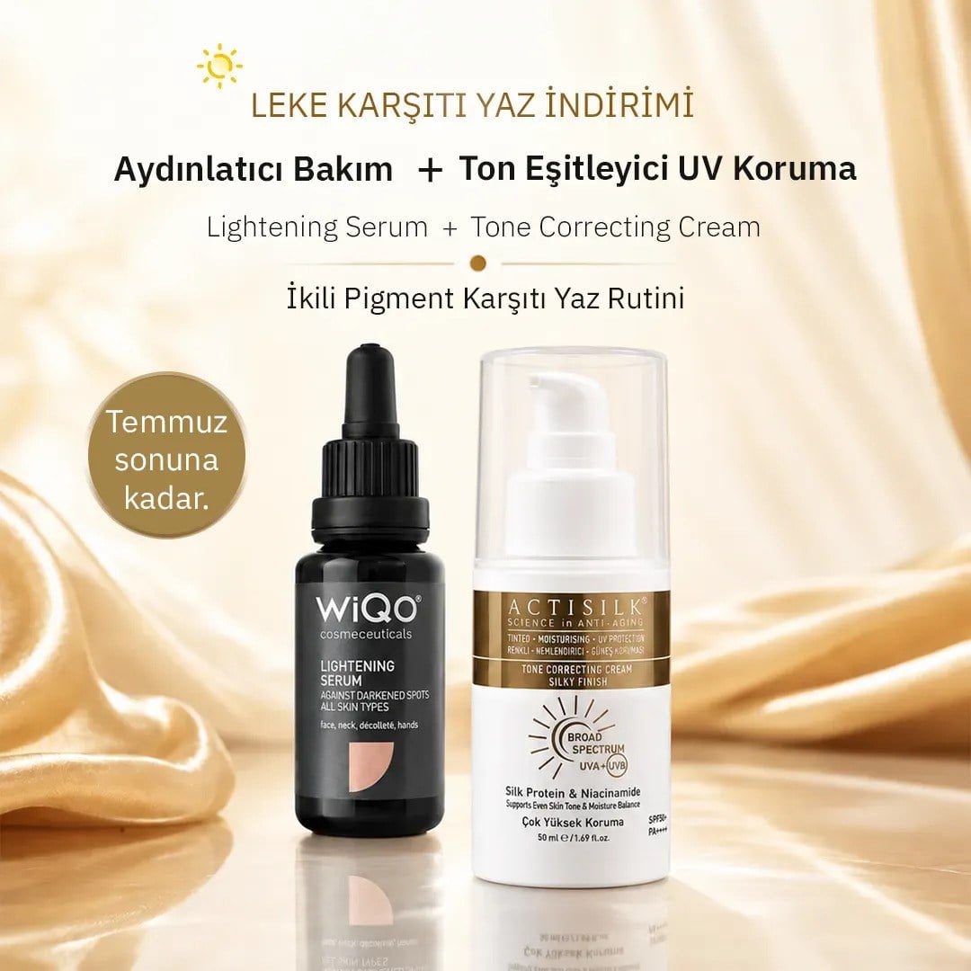 PIGMENT KARŞITI YAZ RUTINI - WiQO LIGHTENING LEKE KARŞITI SERUM 20 ML VE ACTISILK TON EŞİTLEYİCİ UV KORUYUCU KREM SPF 50+, PA++++