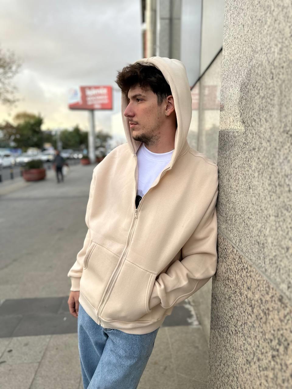 Elagance Basic Oversize Krem Zip HoodieHoodieEla645